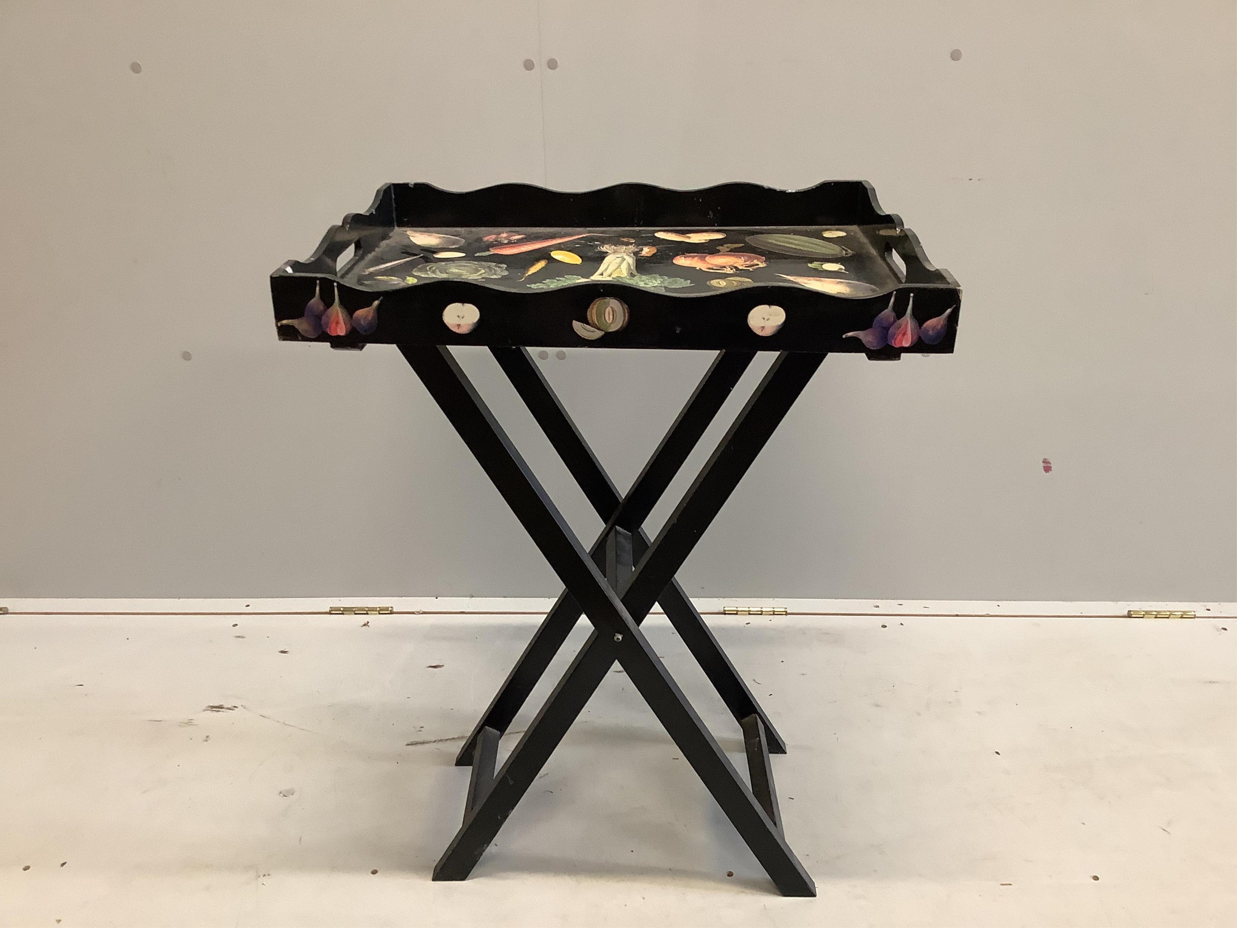 Julia Black, a decoupage butler's tray on folding stand, width 58cm, height 78cm, together with a circular tray. Condition - fair